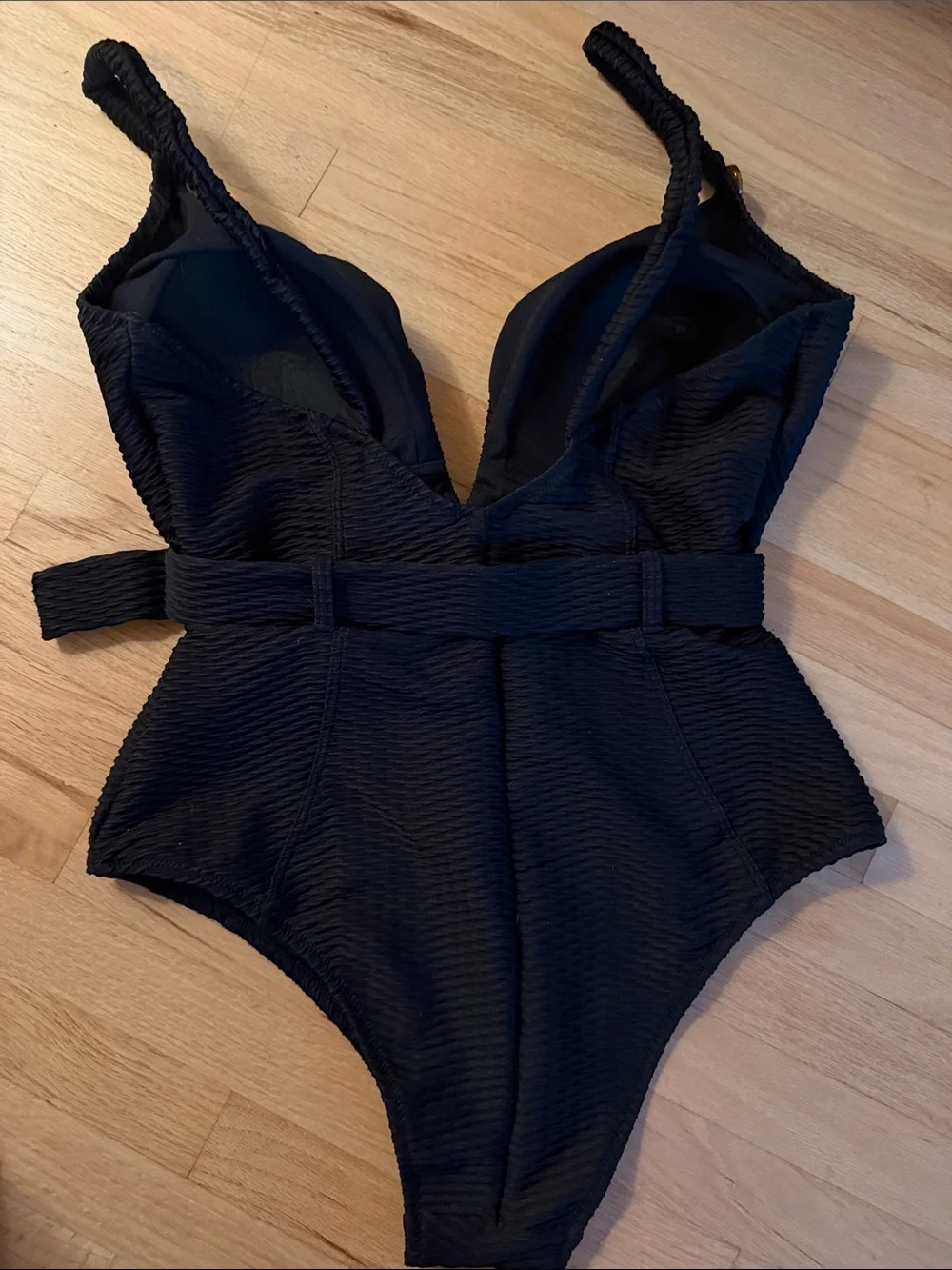 Black Textured One-Piece Swimsuit with Belt